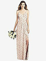 Front View Thumbnail - Coquette Floral Print Spaghetti Strap Draped Skirt Gown with Front Slit