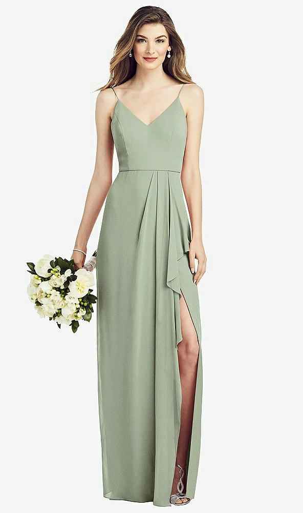 Front View - Sage Spaghetti Strap Draped Skirt Gown with Front Slit