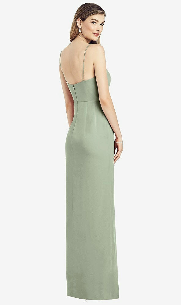 Back View - Sage Spaghetti Strap Draped Skirt Gown with Front Slit