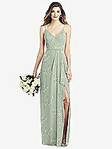 Front View Thumbnail - Vintage Primrose Sage Spaghetti Strap Draped Skirt Gown with Front Slit