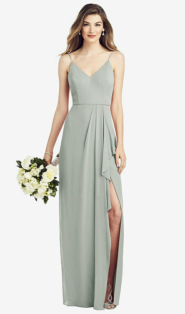 Front View - Willow Green Spaghetti Strap Draped Skirt Gown with Front Slit