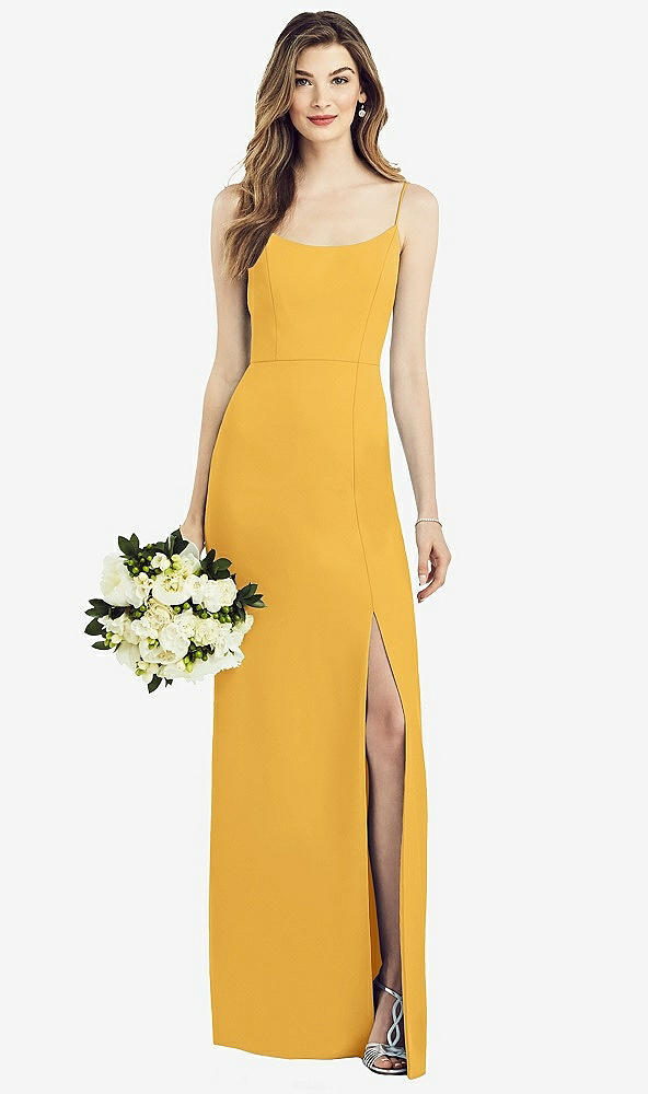 Front View - NYC Yellow Spaghetti Strap V-Back Crepe Gown with Front Slit