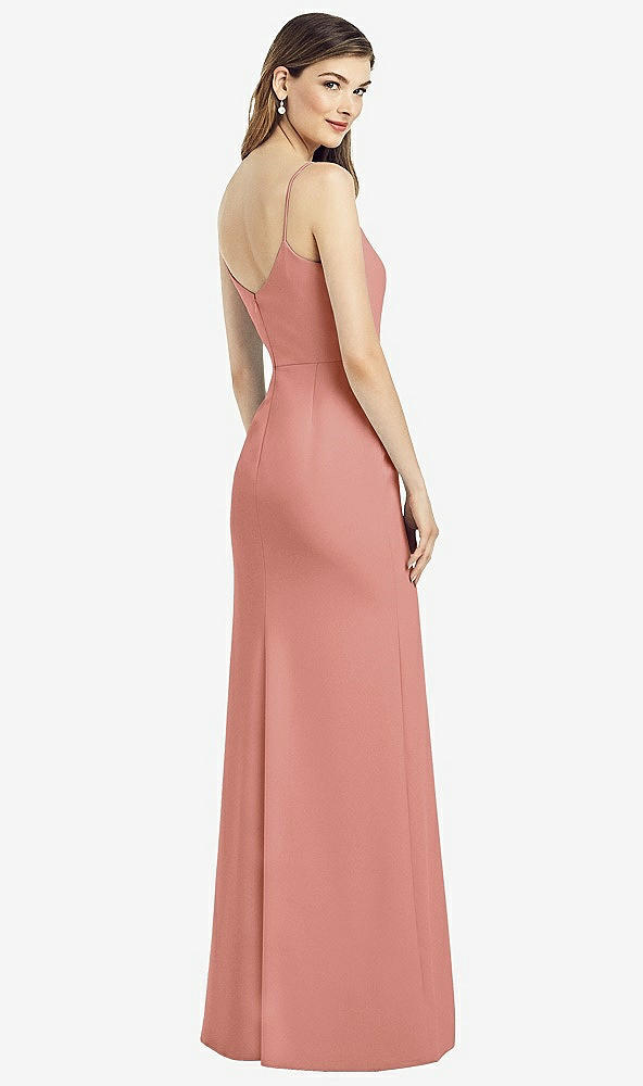 Back View - Desert Rose Spaghetti Strap V-Back Crepe Gown with Front Slit