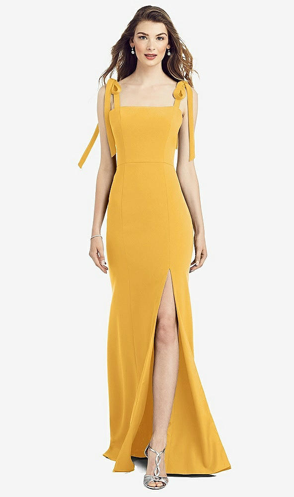 Front View - NYC Yellow Flat Tie-Shoulder Crepe Trumpet Gown with Front Slit