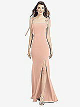 Front View Thumbnail - Pale Peach Flat Tie-Shoulder Crepe Trumpet Gown with Front Slit