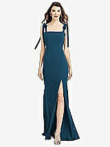 Front View Thumbnail - Atlantic Blue Flat Tie-Shoulder Crepe Trumpet Gown with Front Slit