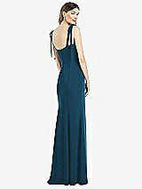 Rear View Thumbnail - Atlantic Blue Flat Tie-Shoulder Crepe Trumpet Gown with Front Slit