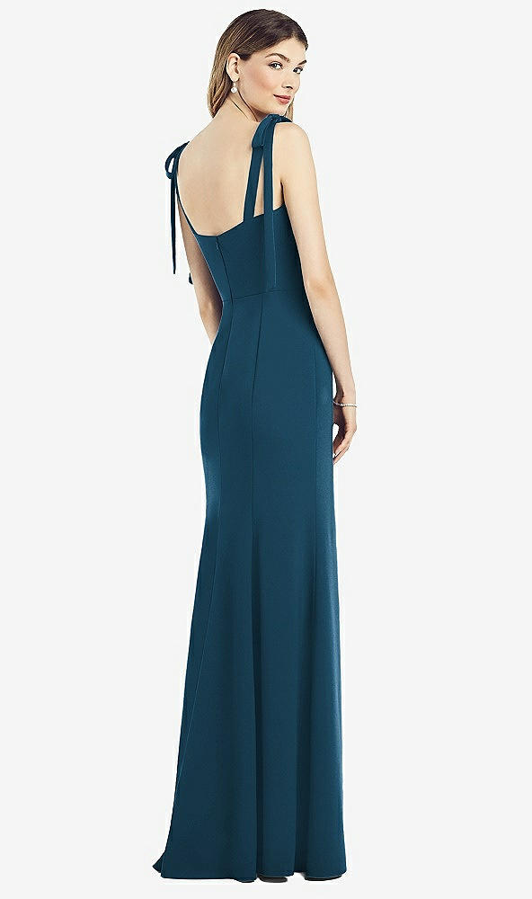 Back View - Atlantic Blue Flat Tie-Shoulder Crepe Trumpet Gown with Front Slit