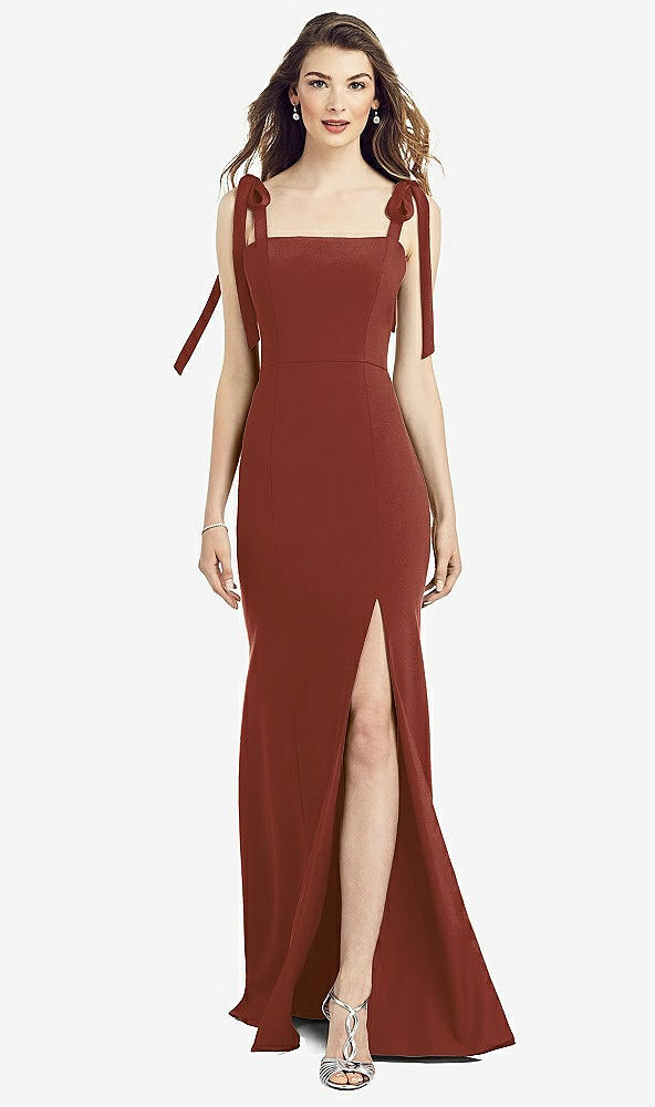 Front View - Auburn Moon Flat Tie-Shoulder Crepe Trumpet Gown with Front Slit