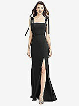 Front View Thumbnail - Black Flat Tie-Shoulder Crepe Trumpet Gown with Front Slit