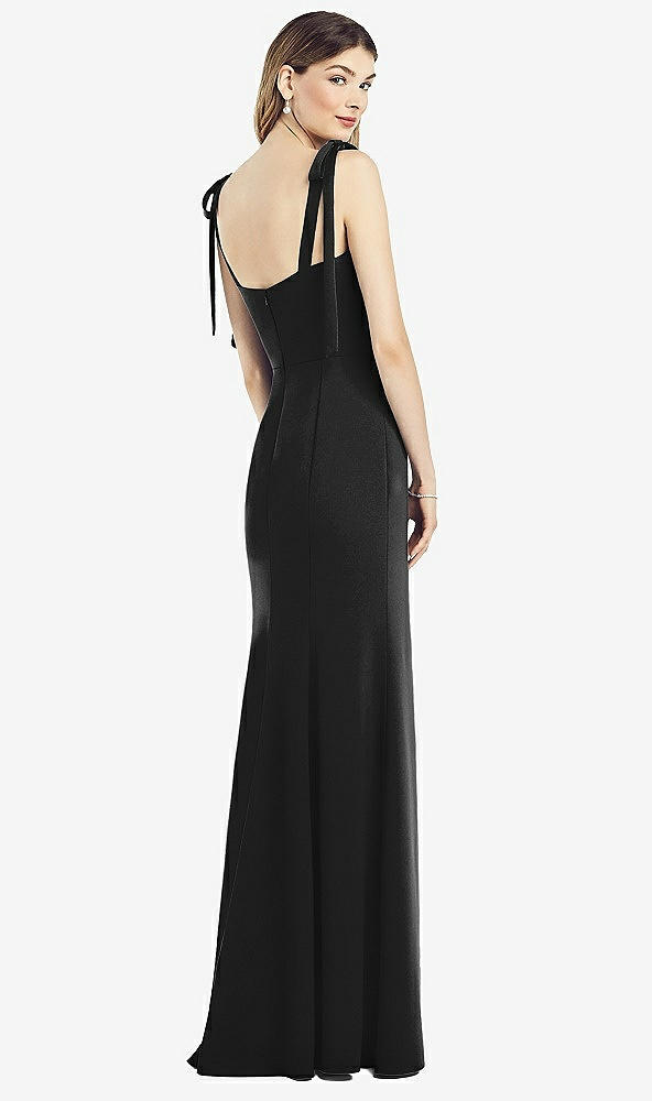 Back View - Black Flat Tie-Shoulder Crepe Trumpet Gown with Front Slit