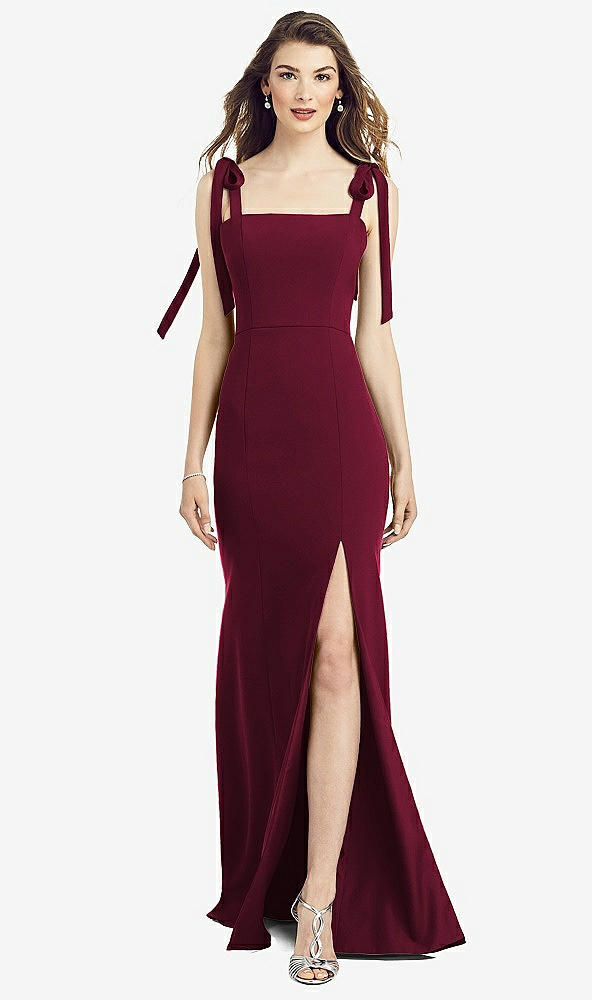 Front View - Cabernet Flat Tie-Shoulder Crepe Trumpet Gown with Front Slit