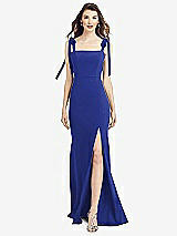 Front View Thumbnail - Cobalt Blue Flat Tie-Shoulder Crepe Trumpet Gown with Front Slit