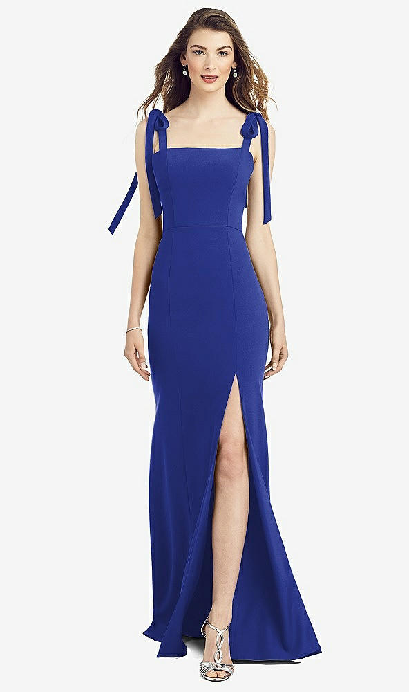 Front View - Cobalt Blue Flat Tie-Shoulder Crepe Trumpet Gown with Front Slit