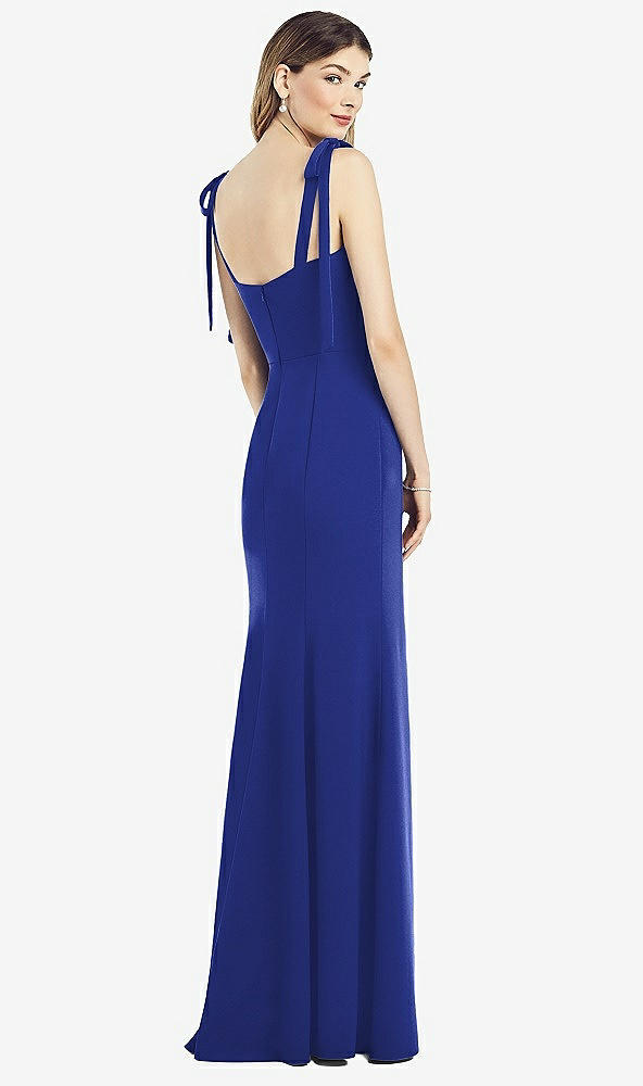 Back View - Cobalt Blue Flat Tie-Shoulder Crepe Trumpet Gown with Front Slit