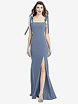 Front View Thumbnail - Larkspur Blue Flat Tie-Shoulder Crepe Trumpet Gown with Front Slit