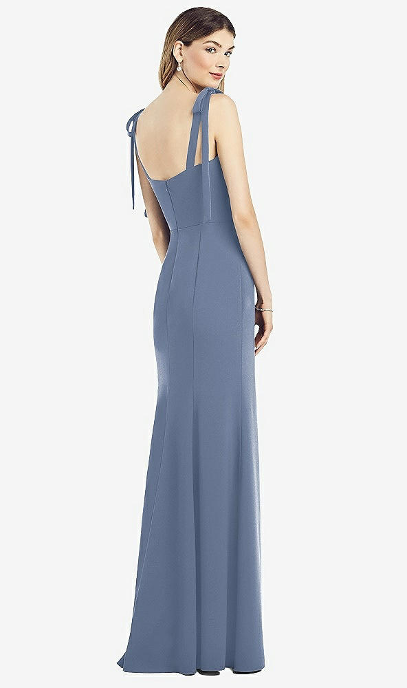 Back View - Larkspur Blue Flat Tie-Shoulder Crepe Trumpet Gown with Front Slit