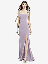 Front View Thumbnail - Lilac Haze Flat Tie-Shoulder Crepe Trumpet Gown with Front Slit