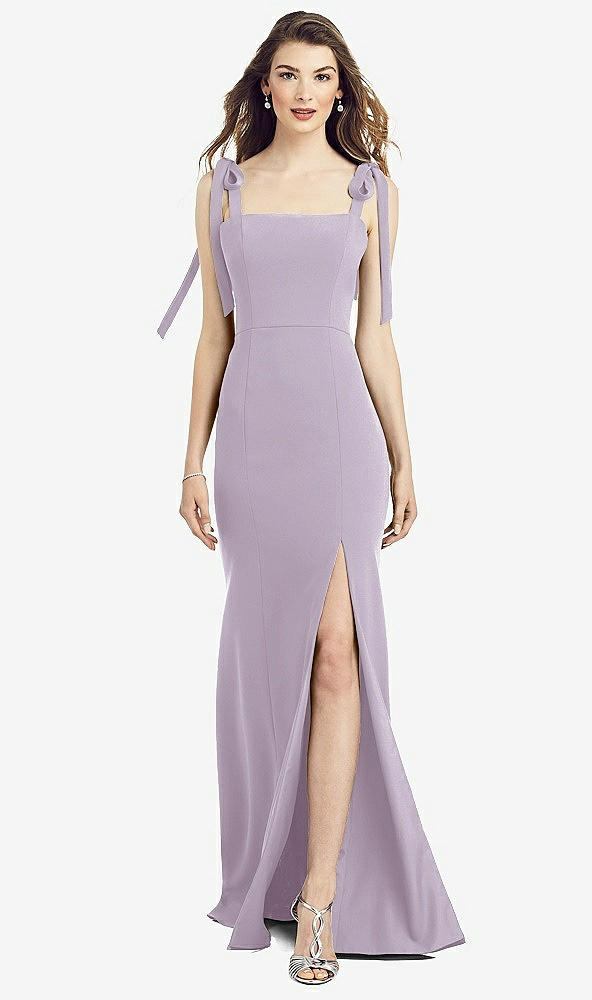 Front View - Lilac Haze Flat Tie-Shoulder Crepe Trumpet Gown with Front Slit