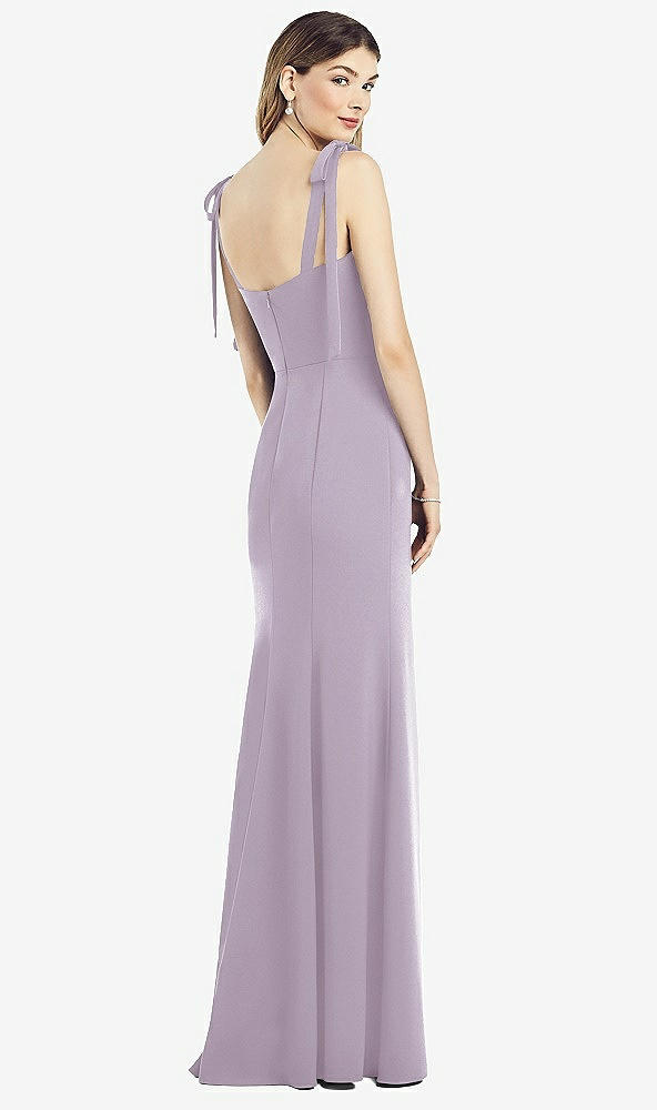 Back View - Lilac Haze Flat Tie-Shoulder Crepe Trumpet Gown with Front Slit