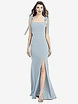 Front View Thumbnail - Mist Flat Tie-Shoulder Crepe Trumpet Gown with Front Slit