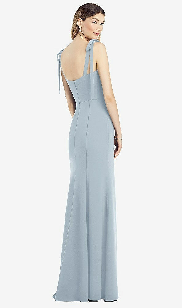 Back View - Mist Flat Tie-Shoulder Crepe Trumpet Gown with Front Slit