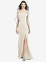 Front View Thumbnail - Oat Flat Tie-Shoulder Crepe Trumpet Gown with Front Slit