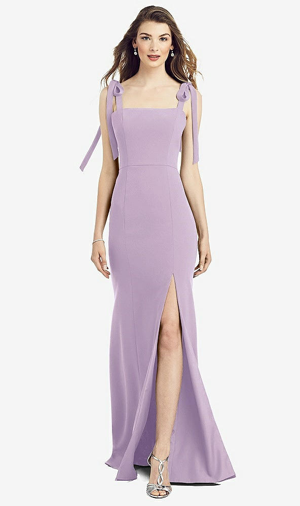 Front View - Pale Purple Flat Tie-Shoulder Crepe Trumpet Gown with Front Slit