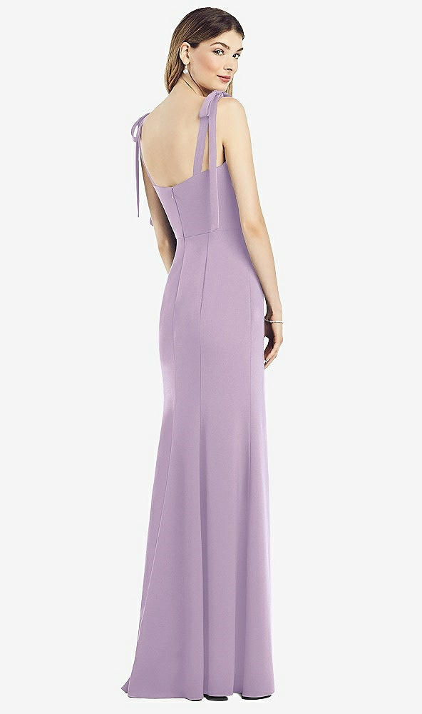 Back View - Pale Purple Flat Tie-Shoulder Crepe Trumpet Gown with Front Slit