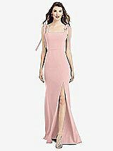 Front View Thumbnail - Rose - PANTONE Rose Quartz Flat Tie-Shoulder Crepe Trumpet Gown with Front Slit