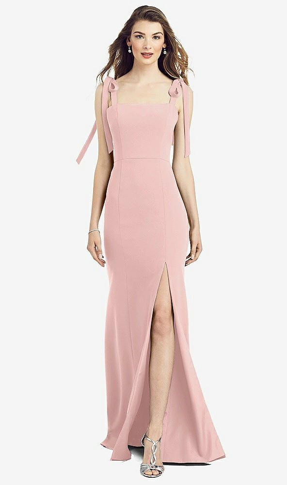 Front View - Rose - PANTONE Rose Quartz Flat Tie-Shoulder Crepe Trumpet Gown with Front Slit