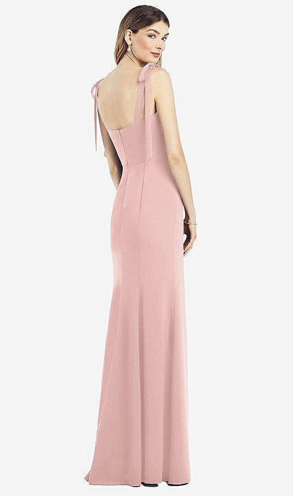 Back View - Rose - PANTONE Rose Quartz Flat Tie-Shoulder Crepe Trumpet Gown with Front Slit