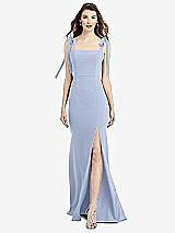 Front View Thumbnail - Sky Blue Flat Tie-Shoulder Crepe Trumpet Gown with Front Slit