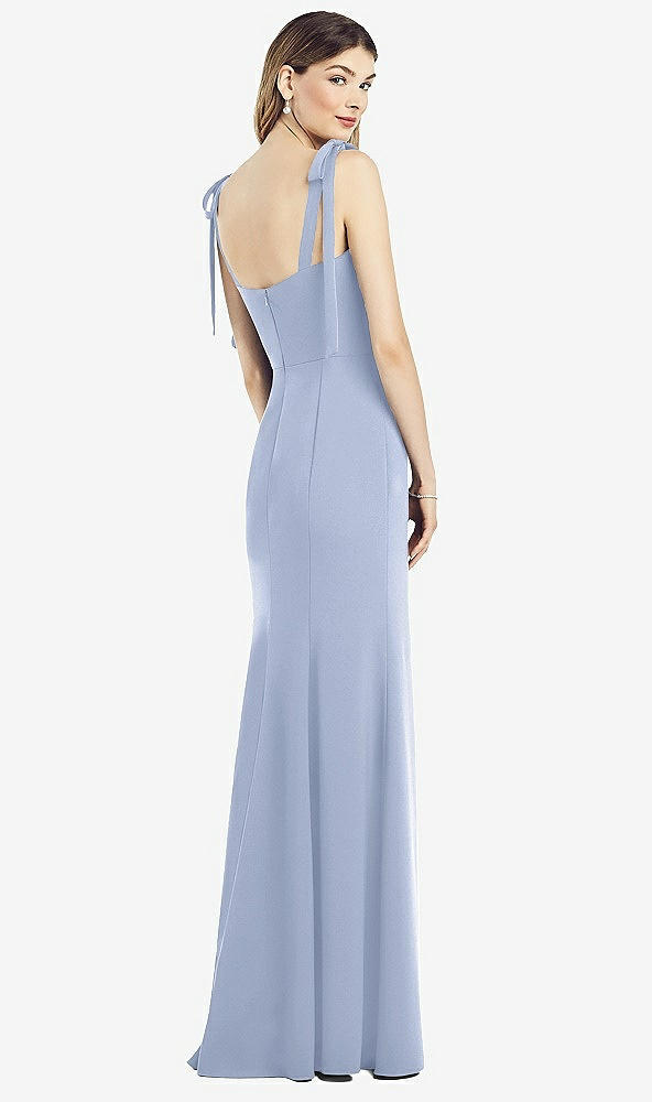 Back View - Sky Blue Flat Tie-Shoulder Crepe Trumpet Gown with Front Slit