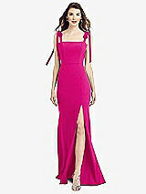 Front View Thumbnail - Think Pink Flat Tie-Shoulder Crepe Trumpet Gown with Front Slit