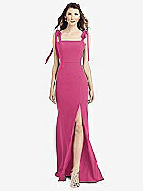 Front View Thumbnail - Tea Rose Flat Tie-Shoulder Crepe Trumpet Gown with Front Slit