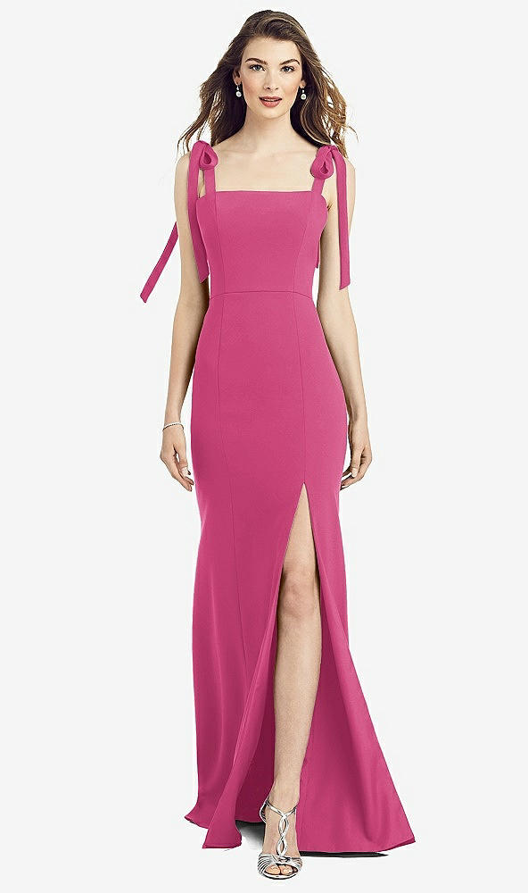 Front View - Tea Rose Flat Tie-Shoulder Crepe Trumpet Gown with Front Slit