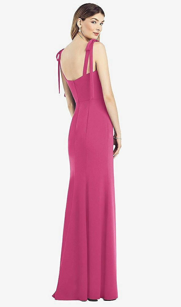 Back View - Tea Rose Flat Tie-Shoulder Crepe Trumpet Gown with Front Slit