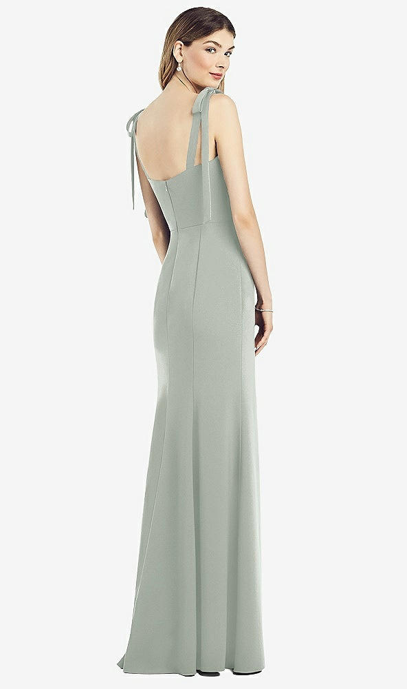 Back View - Willow Green Flat Tie-Shoulder Crepe Trumpet Gown with Front Slit