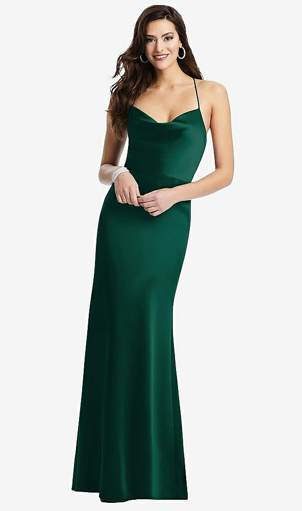 Front View - Hunter Green Cowl-Neck Criss Cross Back Slip Dress