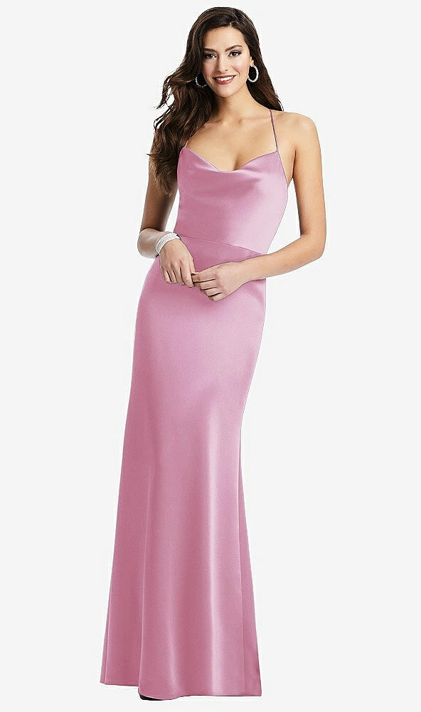 Front View - Powder Pink Cowl-Neck Criss Cross Back Slip Dress