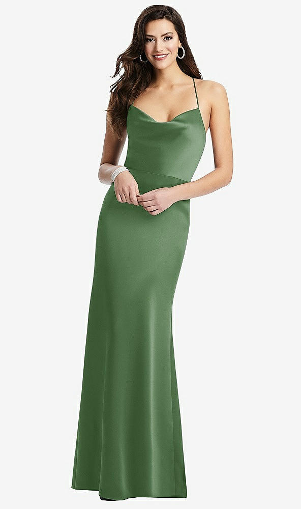 Front View - Vineyard Green Cowl-Neck Criss Cross Back Slip Dress