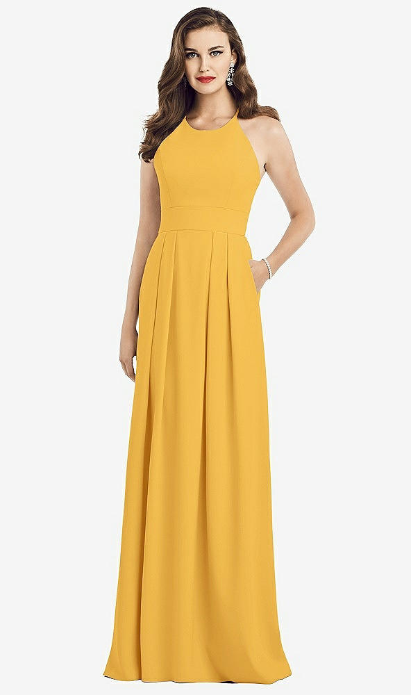 Front View - NYC Yellow Criss Cross Back Crepe Halter Dress with Pockets