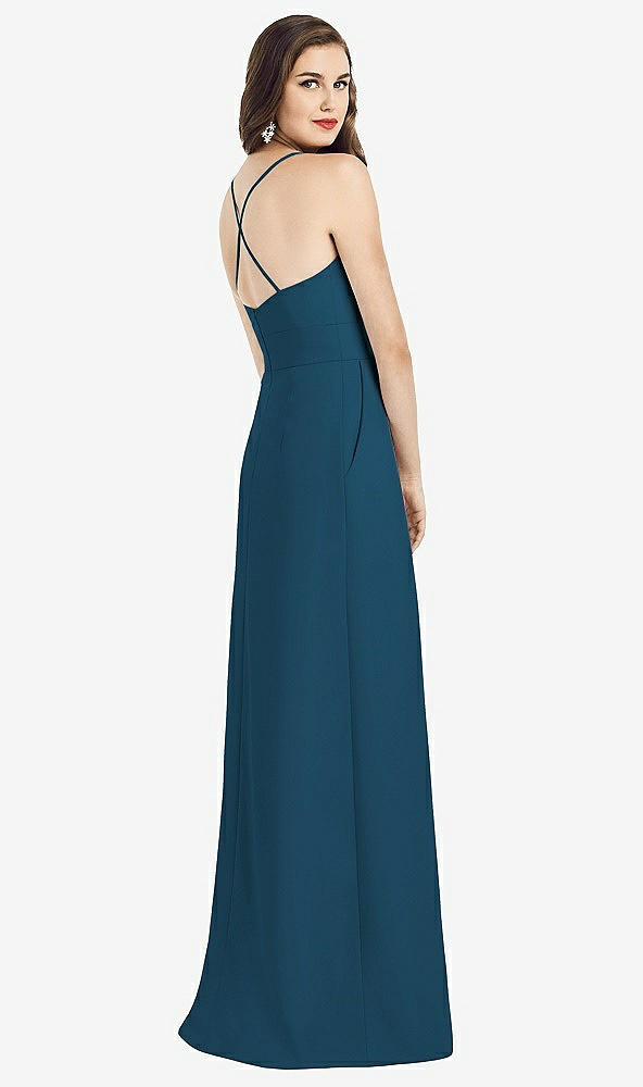 Back View - Atlantic Blue Criss Cross Back Crepe Halter Dress with Pockets