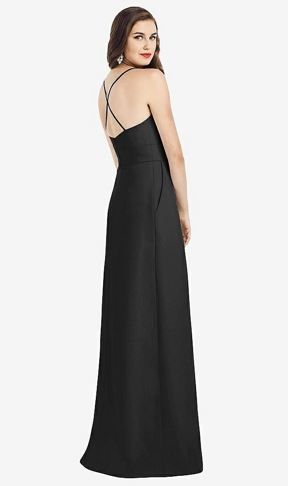 Back View - Black Criss Cross Back Crepe Halter Dress with Pockets