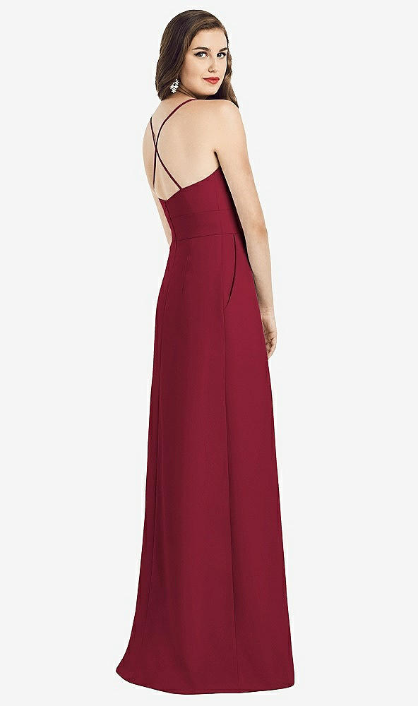 Back View - Burgundy Criss Cross Back Crepe Halter Dress with Pockets