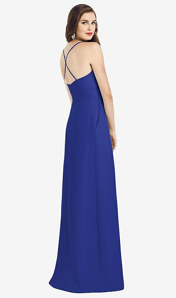 Back View - Cobalt Blue Criss Cross Back Crepe Halter Dress with Pockets