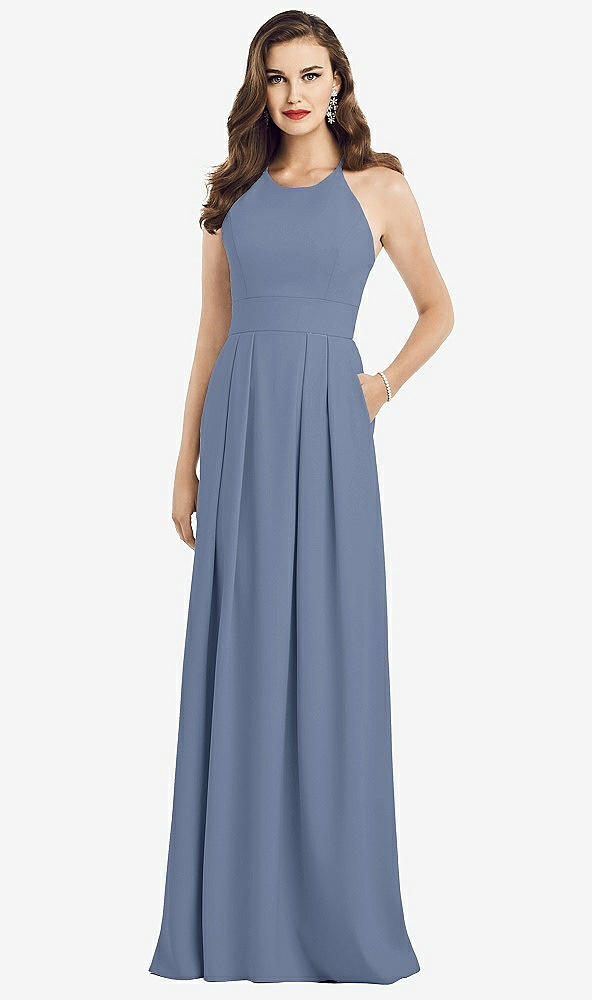 Front View - Larkspur Blue Criss Cross Back Crepe Halter Dress with Pockets