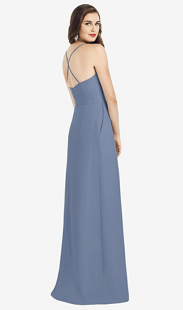 Back View - Larkspur Blue Criss Cross Back Crepe Halter Dress with Pockets