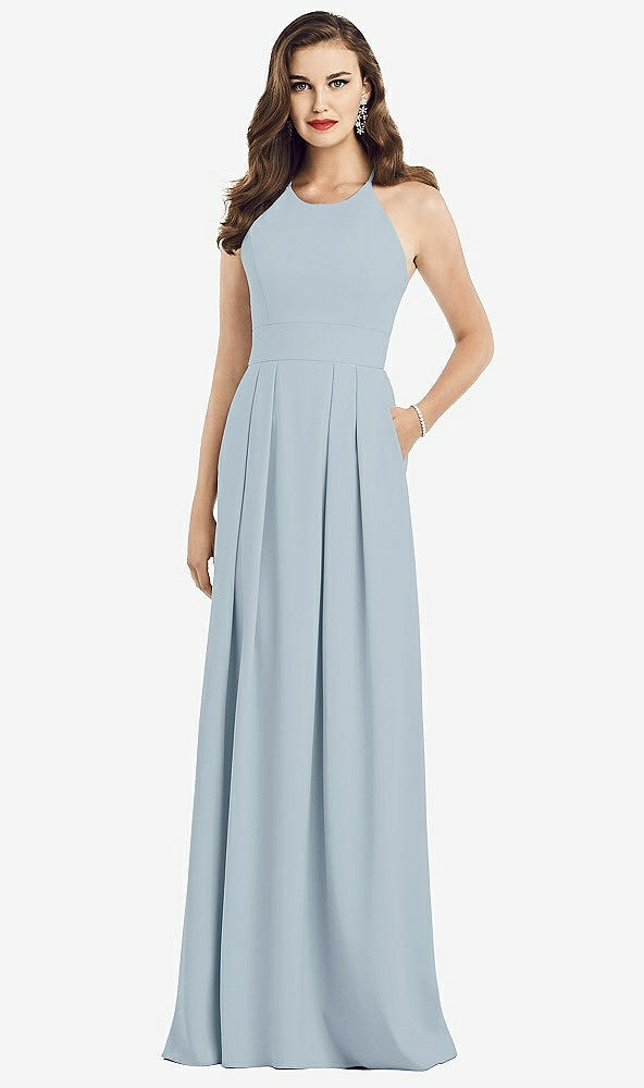 Front View - Mist Criss Cross Back Crepe Halter Dress with Pockets